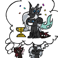Size: 200x200 | Tagged: safe, artist:sanyo2100, oc, oc only, oc:invictia sadie, oc:queen desire, changeling, changeling queen, changeling oc, changeling queen oc, chibi, cute, female, red changeling, speech bubble, trophy, white changeling