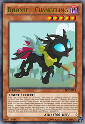 Size: 813x1185 | Tagged: safe, artist:dragonmorpheus, edit, doomie, changeling, g4, bindle, card game, clothes, flying, open mouth, scarf, smiling, solo, tcg editor, trading card edit, yu-gi-oh!, yugioh card