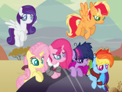 Size: 1024x775 | Tagged: safe, artist:bezziie, applejack, fluttershy, pinkie pie, rainbow dash, rarity, twilight sparkle, earth pony, pegasus, pony, unicorn, g4, alternate universe, base used, bow, clothes, earth pony rainbow dash, earth pony twilight, flapplejack, hair bow, mane six, pegasus rarity, race swap, rock, unicorn fluttershy, unicorn pinkie pie