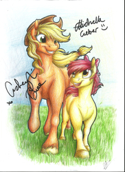 Size: 2550x3506 | Tagged: safe, artist:lupiarts, apple bloom, applejack, earth pony, pony, g4, apple siblings, autograph, cowboy hat, female, hat, high res, mare, signature, smiling, stetson, traditional art