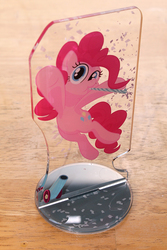 Size: 667x1000 | Tagged: safe, artist:1trick, pinkie pie, earth pony, pony, g4, acrylic plastic, acrylic standee, confetti, female, looking at you, midair, noisemaker, party cannon, pony cannonball, solo, standee