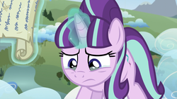 Size: 1920x1080 | Tagged: safe, screencap, starlight glimmer, pony, unicorn, g4, the cutie re-mark, cloud, crying, female, frown, glowing horn, horn, magic, mare, mountain, river, s5 starlight, sad, scroll, solo, telekinesis, tree