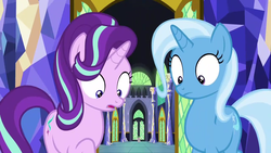 Size: 1280x720 | Tagged: safe, screencap, spike, starlight glimmer, trixie, dragon, all bottled up, g4, looking down