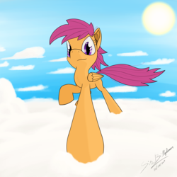 Size: 1920x1920 | Tagged: safe, artist:gamerbro360, scootaloo, pegasus, pony, g4, cloud, female, filly, foal, folded wings, looking at you, on a cloud, raised hoof, signature, sky, solo, wings