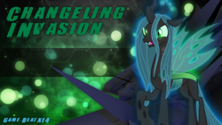Size: 3840x2160 | Tagged: safe, artist:dashiesparkle, artist:game-beatx14, queen chrysalis, changeling, changeling queen, g4, 4k, crown, fangs, female, high res, jewelry, music, raised hoof, regalia, solo, song art, transparent wings, wings