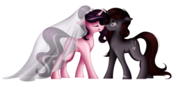 Size: 1024x510 | Tagged: safe, artist:mindlesssketching, oc, oc only, oc:curse word, oc:magpie, pony, unicorn, blushing, clothes, crossed horns, dress, female, horn, horns are touching, lesbian, mare, oc x oc, shipping, simple background, transparent background, wedding dress