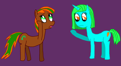 Size: 3240x1764 | Tagged: safe, artist:sb1991, oc, oc only, oc:carrot root, oc:ocean blue, pony, body swap, challenge, cutie mark swap, equestria amino, eye color change, reaction, simple background