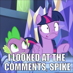 Size: 800x800 | Tagged: safe, edit, edited screencap, screencap, spike, twilight sparkle, alicorn, dragon, pony, a royal problem, g4, caption, cutie map, duo, faic, female, i looked at the comments, male, mare, meme, reaction image, shocked, text, this will end in tears, twilight sparkle (alicorn), twilight's castle, you dun goofed
