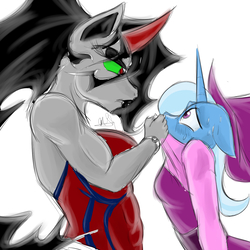 Size: 1200x1200 | Tagged: safe, artist:project00wolfen, king sombra, trixie, unicorn, anthro, g4, breasts, busty queen umbra, clothes, colored sketch, female, floppy ears, hat, intimidating, looking at each other, mare, queen umbra, rule 63, simple background, sweat, trixie's hat