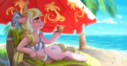 Size: 1600x833 | Tagged: safe, artist:spirit-alu, oc, oc only, oc:bay breeze, pegasus, pony, semi-anthro, beach, belly button, bikini, bow, clothes, female, hair bow, lounge, mare, ocean, palm tree, sand, shell, smiling, solo, sunshine, swimsuit, tree, umbrella