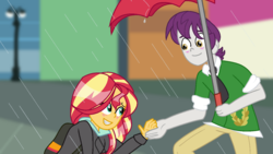 Size: 1366x768 | Tagged: safe, artist:berrypunchrules, indigo wreath, sunset shimmer, eqg summertime shorts, equestria girls, g4, monday blues, background human, blushing, clothes, female, holding hands, incorrect hand anatomy, male, rain, shipping, smiling, straight, sunsetwreath, umbrella