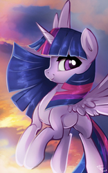 Size: 1100x1758 | Tagged: safe, artist:fidzfox, twilight sparkle, alicorn, pony, g4, cloud, cute, female, flying, mare, profile, sky, smiling, solo, spread wings, twiabetes, twilight sparkle (alicorn), wings