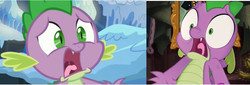 Size: 1096x372 | Tagged: safe, edit, edited screencap, screencap, spike, dragon, g4, my little pony: the movie, the times they are a changeling, comparison