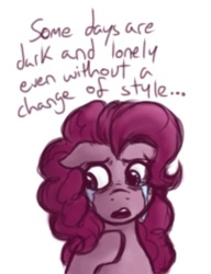 Size: 676x881 | Tagged: artist needed, safe, pinkie pie, earth pony, pony, g4, crying, cute, female, simple background, solo, talking to viewer, white background