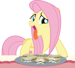 Size: 5902x5328 | Tagged: safe, artist:shutterflyeqd, fluttershy, pegasus, pony, discordant harmony, g4, absurd resolution, bite mark, cute, female, food, hungry, leaning, lidded eyes, looking at you, mare, open mouth, plate, raised eyebrow, sandwich, shyabetes, silly, silly pony, simple background, smiling, solo, table, tongue out, transparent background, vector, wat