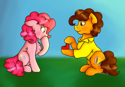 Size: 2650x1850 | Tagged: safe, artist:violetpony11, cheese sandwich, pinkie pie, earth pony, pony, g4, blushing, crying, cute, day, female, grass, male, marriage proposal, outdoors, overjoyed, redraw, ring, ship:cheesepie, shipping, straight