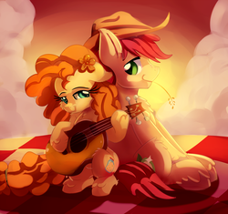 Size: 2000x1881 | Tagged: safe, artist:discorded, bright mac, pear butter, earth pony, pony, g4, season 7, the perfect pear, acoustic guitar, backlighting, cowboy hat, female, flower, flower in hair, guitar, hat, looking back, male, mare, musical instrument, ship:brightbutter, shipping, smiling, stallion, straight