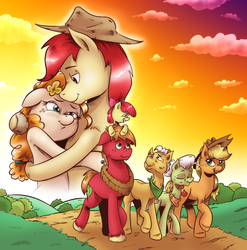 Size: 1249x1263 | Tagged: safe, artist:saturdaymorningproj, apple bloom, applejack, big macintosh, bright mac, grand pear, granny smith, pear butter, pony, g4, the perfect pear, apple bloom riding big macintosh, applejack's parents, eyes closed, female, grandparents and grandchildren, hug, looking at each other, male, married couple, ponies riding ponies, pony hat, riding, ship:brightbutter, shipping, smiling, straight, sunset
