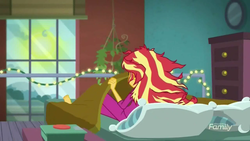 Size: 1024x576 | Tagged: safe, screencap, sunset shimmer, eqg summertime shorts, equestria girls, g4, monday blues, clothes, fairy lights, pajamas, string lights, sunset's apartment