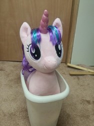 Size: 780x1040 | Tagged: safe, starlight glimmer, pony, unicorn, g4, c:, cute, drama, female, into the trash it goes, irl, mare, photo, plushie, silly, silly pony, smiling, solo, starlight drama, trash can, your waifu is trash