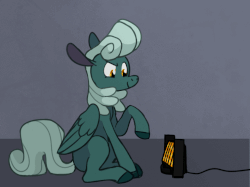 Size: 744x557 | Tagged: safe, artist:enma-darei, oc, oc only, oc:cold snap, pegasus, pony, animated, female, gif, heater, poking, raised eyebrow, sitting, smiling, smirk, solo, tapping, this will end in tears and/or death