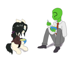Size: 2488x1900 | Tagged: safe, artist:scraggleman, oc, oc only, oc:anon, oc:floor bored, earth pony, human, pony, /mlp/, 4chan, bowl, cheese, clothes, eating, food, hoodie, hoof hold, macaroni, macaroni and cheese, necktie, pants, pasta, shirt, shoes, simple background, sitting, white background