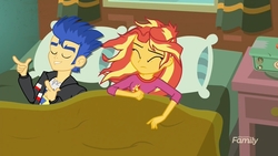 Size: 1244x700 | Tagged: safe, edit, edited screencap, screencap, flash sentry, sunset shimmer, equestria girls, g4, monday blues, my little pony equestria girls: summertime shorts, bed, bedroom, clock, discovery family logo, female, male, parody, ship:flashimmer, shipping, straight, sunset's apartment