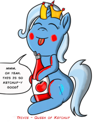 Size: 2550x3300 | Tagged: safe, artist:saburodaimando, trixie, pony, unicorn, g4, crown, eyes closed, female, food, high res, jewelry, ketchup, mare, messy, queen, regalia, sauce, simple background, splatoon, transparent background
