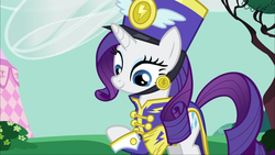 Size: 1920x1080 | Tagged: safe, screencap, rarity, pony, unicorn, g4, testing testing 1-2-3, ancient wonderbolts uniform, clothes, female, hat, mare, sgt. rarity, shako, solo, uniform