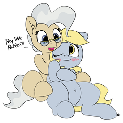 Size: 6864x6862 | Tagged: safe, artist:pabbley, derpy hooves, mayor mare, earth pony, pegasus, pony, g4, absurd resolution, belly button, blushing, cuddling, cute, dialogue, female, hug, lesbian, mare, one eye closed, pubic mound, ship:mayorhooves, shipping, simple background, white background, wink