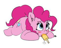 Size: 5878x4592 | Tagged: safe, artist:pabbley, pinkie pie, earth pony, pony, g4, absurd resolution, blushing, drool, ear fluff, female, food, mare, popsicle, prone, simple background, solo, suggestive eating, white background