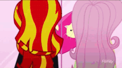 Size: 448x252 | Tagged: safe, screencap, fluttershy, sunset shimmer, equestria girls, g4, my little pony equestria girls: summertime shorts, pet project, animated, door, female, gif, pets