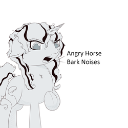 Size: 2048x2048 | Tagged: safe, artist:higherarch, oc, oc only, oc:eleos, pony, unicorn, angry, angry horse noises, barking, descriptive noise, high res, horse noises, lineart, monochrome, simple background, solo, text, white background
