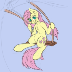 Size: 1500x1500 | Tagged: safe, artist:php192, fluttershy, pony, g4, chest fluff, female, mare, sitting, sketch, smiling, solo, swing, wingless