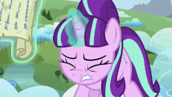 Size: 672x378 | Tagged: safe, edit, screencap, starlight glimmer, pony, unicorn, g4, the cutie re-mark, animated, caption, cloud, crying, destruction, female, frown, gif, glowing horn, horn, levitation, magic, moon, mountain, offscreen character, river, sad, scared, scroll, solo, spell, telekinesis, text, tree, writing, yelling