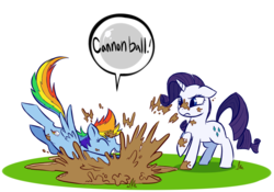 Size: 1024x718 | Tagged: safe, artist:professor-ponyarity, rainbow dash, rarity, pony, g4, cannonball, mud, muddy, splash