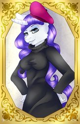 Size: 1024x1582 | Tagged: safe, artist:gingerbreadarts, rarity, unicorn, anthro, g4, beatnik rarity, beret, breasts, cheek fluff, clothes, eyeshadow, female, hat, makeup, mare, smiling, solo, sweater, turtleneck