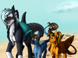Size: 1024x758 | Tagged: safe, artist:blackblood-queen, oc, oc only, oc:annie belle, oc:daniel dasher, oc:mako, dracony, earth pony, hybrid, orca pony, original species, pony, unicorn, brother and sister, eyes closed, family, fangs, female, glasses, lidded eyes, long tail, male, singing, smiling, trio, uncle