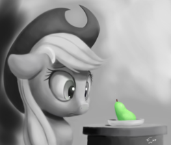 Size: 3163x2686 | Tagged: safe, artist:tg1117, applejack, earth pony, pony, g4, cowboy hat, female, food, fruit, hat, high res, mare, monochrome, pear, solo, stetson