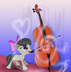 Size: 1850x1895 | Tagged: safe, artist:chopsticks, octavia melody, pony, g4, bow, cello, cute, female, filly, gradient background, heart, music notes, musical instrument, open mouth, simple background, smiling, solo, tavibetes
