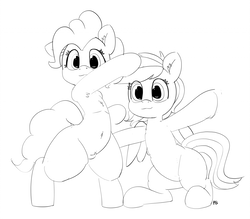 Size: 1280x1121 | Tagged: safe, artist:pabbley, pinkie pie, rainbow dash, pony, g4, 30 minute art challenge, armpits, belly button, bipedal, chest fluff, female, mare, monochrome, pose, pubic fluff, pubic mound, simple background, white background