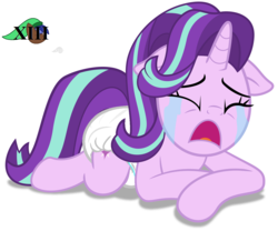 Size: 1400x1165 | Tagged: safe, artist:mlpcutepic, edit, starlight glimmer, pony, unicorn, a royal problem, g4, crying, cute, diaper, diaper edit, eyes closed, female, floppy ears, glimmerbetes, non-baby in diaper, open mouth, prone, sad, sadlight glimmer, simple background, solo, story in the source, vector