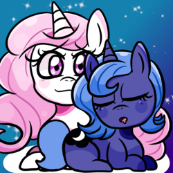 Size: 2000x2000 | Tagged: safe, artist:kira-vera, princess celestia, princess luna, pony, g4, :3, cewestia, cute, female, filly, filly celestia, filly luna, high res, looking at you, lunabetes, pink-mane celestia, s1 luna, sleeping, smiling, woona, younger