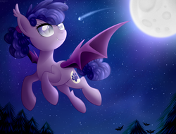 Size: 5000x3799 | Tagged: safe, artist:kaikururu, oc, oc only, oc:decibel, bat pony, pony, bat pony oc, bat wings, commission, flying, moon, night, outdoors, paw prints, solo, stars, tree, wings, ych result