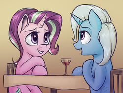 Size: 1603x1209 | Tagged: safe, artist:deltauraart, starlight glimmer, trixie, pony, unicorn, g4, alcohol, chair, cute, date, diatrixes, drink, duo, female, glass, glimmerbetes, heart eyes, lesbian, looking at each other, mare, ship:startrix, shipping, smiling, table, wine, wine glass, wingding eyes