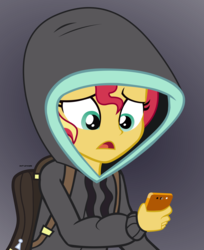 Size: 4487x5488 | Tagged: safe, artist:mandash1996, sunset shimmer, equestria girls, g4, monday blues, my little pony equestria girls: summertime shorts, absurd resolution, clothes, dark background, female, hoodie, phone, simple background, solo, transparent background, vector