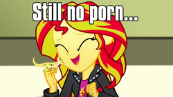 Size: 1280x720 | Tagged: safe, edit, edited screencap, screencap, ray, sunset shimmer, gecko, leopard gecko, eqg summertime shorts, equestria girls, g4, pet project, caption, cuddling, cute, image macro, implied porn, meme, nuzzling, porn when, shimmerbetes, smiling, tempting fate