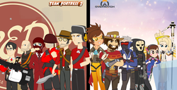 Size: 2794x1433 | Tagged: safe, artist:trungtranhaitrung, equestria girls, g4, barely pony related, blizzard entertainment, crossover, d.va, equestria girls-ified, game, heavy (tf2), jesse mccree, male, medic, medic (tf2), mei, mercy, overwatch, reaper (overwatch), scout (tf2), sniper, sniper (tf2), soldier, soldier (tf2), soldier 76, spy, spy (tf2), team fortress 2, tracer, valve software, whisker markings
