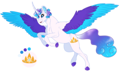 Size: 1260x738 | Tagged: safe, artist:bijutsuyoukai, oc, oc only, oc:snow gala, alicorn, pony, colored wings, curved horn, female, horn, mare, multicolored wings, offspring, parent:dandy grandeur, parent:princess flurry heart, rearing, simple background, solo, transparent background