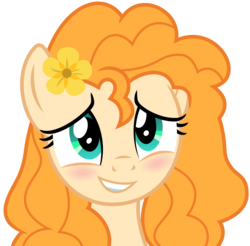 Size: 7750x7625 | Tagged: safe, artist:cloudyskie, pear butter, earth pony, pony, g4, the perfect pear, .ai available, absurd resolution, blushing, bust, female, flower, flower in hair, mare, portrait, simple background, solo, transparent background, vector